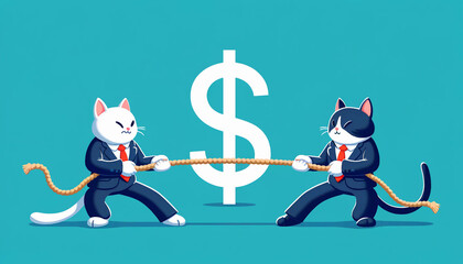 business competition cartoon style illustration. two cats wearing business suits are having a tug-of-war with a big dollar sign in the middle. generative ai