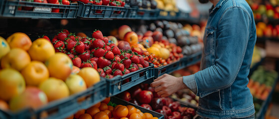 Wall Mural - arafed man in a denim jacket looking at fruit in a store