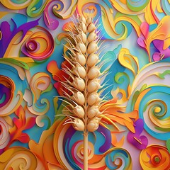 129 3D model of a wheat stalk icon with a colorful illustrated background