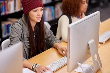 Aufkleber - Woman, student and computer for online course, study together and research with friend at college. Female person, learning and virtual class in library for tech access, internet and language lesson