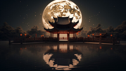 Poster - arafed view of a chinese temple with a full moon in the background