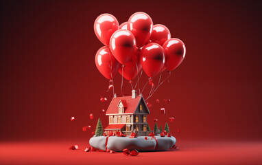 Wall Mural - araffe with red balloons floating in the air with a house on top
