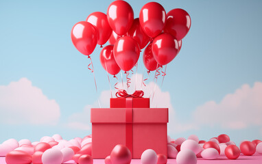 Wall Mural - balloons are flying out of a red gift box with a red bow