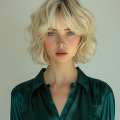 Sticker - blond woman with blue eyes and a green blouse posing for a picture