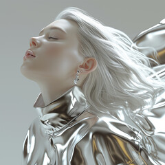 Wall Mural - blond woman in shiny silver outfit with closed eyes and silver wings