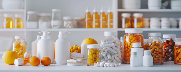 Wall Mural - bottles of pills and vitamins are lined up on a counter