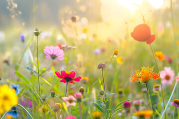 Poster - brightly colored flowers in a field with the sun shining through the sky