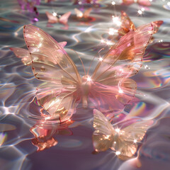 Wall Mural - butterflies floating in a pool of water with pink and gold wings