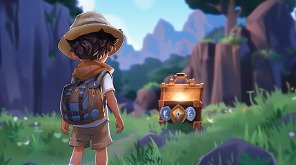 Canvas Print - cartoon boy in a hat and backpack looking at a chest