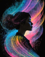 Wall Mural - The silhouette of a woman with bright colors and black background. It ́s magic!