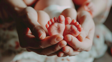 Close-up of baby feet cradled in adult hands against a soft focused background, conveying the concept of care and love. Generative AI