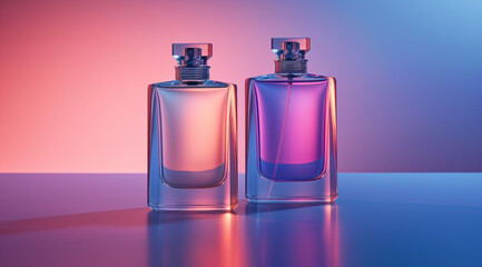 Elegant perfume bottles on reflective surface with gradient lighting, highlighting luxurious glass design and vibrant colors in a stylish setup.