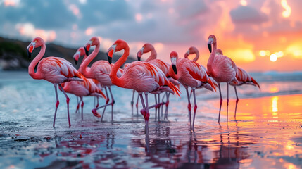 Poster - flamingos standing in the water at sunset on a beach