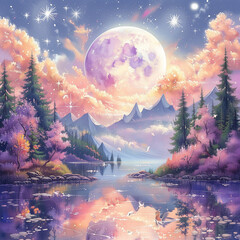 Poster - painting of a lake with a mountain and a full moon