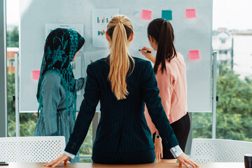 Wall Mural - Multicultural working group. Team of businesswomen of different ethnicity, Caucasian, Asian and Arabic working together in team meeting at office. Multiethnic teamwork concept. uds