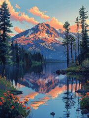 Poster - painting of a mountain with a lake and trees in the foreground