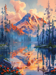 Poster - painting of a mountain with a lake and trees in the foreground