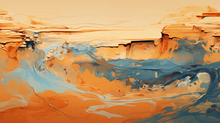 painting of a wave breaking on a cliff face with a sky background