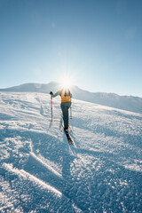 Wall Mural - Mountaineer backcountry ski walking ski alpinist in the mountains. Ski touring in alpine landscape with snowy trees. Adventure winter sport. Low Tatras, slovakia