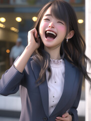 Poster - smiling woman in a gray suit talking on a cell phone