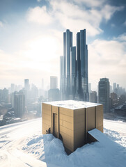 Wall Mural - snowy cityscape with a box in the foreground and a city in the background