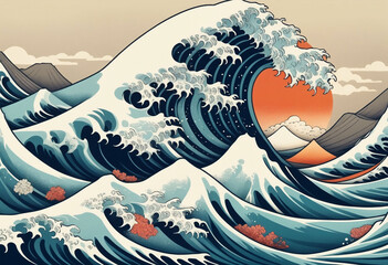 Wall Mural - Great ocean wave as Japanese vintage style illustration