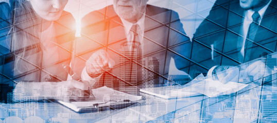 Wall Mural - double exposure image of faded business abstract background with office building and people conferen