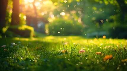 A fresh spring sunny garden background of green grass and blurred foliage bokeh