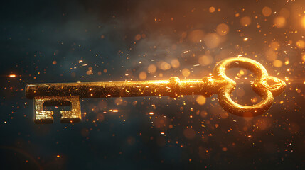 A striking illustration of a 3D golden key hovering gracefully in mid-air against a neutral isolated background, representing opportunity and unlocking potential