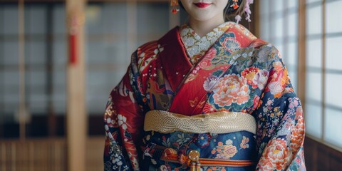 Wall Mural - A woman wearing a kimono with floral patterns