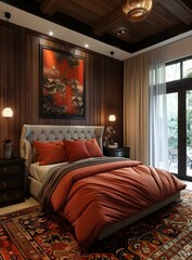 Wall Mural - Modern Bedroom Interior Design With Wooden Walls And A Rug