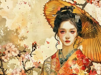 Wall Mural - A beautiful Japanese woman in a kimono holding an umbrella under a cherry blossom tree.