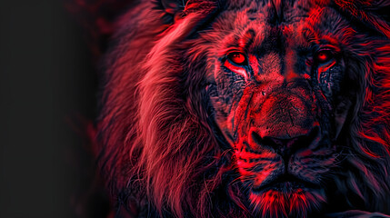 Wall Mural - A tight shot of a lion's face illuminated by a red light in its center