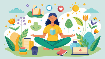 A playful set of self-care activity elements representing yoga, journaling, and spending time in nature.
