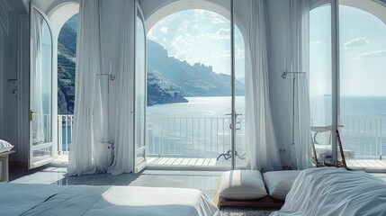 Wall Mural - A view from a window showcasing the serene sea and rugged mountains, with a backdrop of a clear blue sky dotted with soft, white clouds.