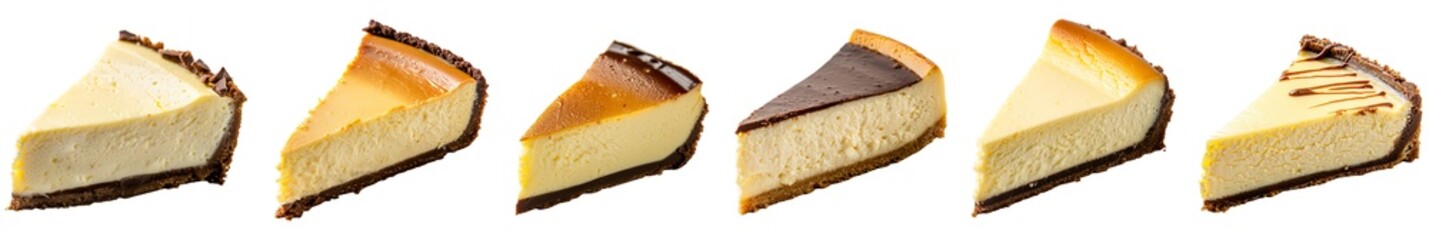 A row of six different types of cheesecake isolated cutout on transparent background. Mockup for template product presentation.