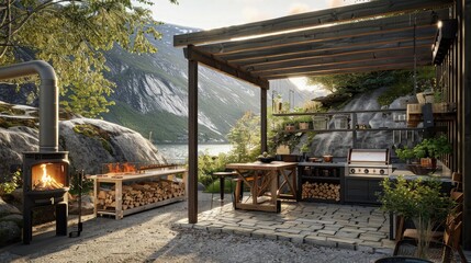 Wall Mural - An open-air kitchen nestled in a garden, with a brick oven, wooden shelves stocked with herbs and vegetables, and a rustic table for alfresco dining among the flowers.