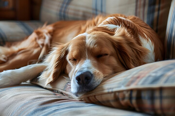 Sticker - A tight shot of a dog reclining on a couch, its head supported by a couch cushion's arm