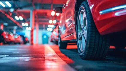 A red car is parked in a parking lot