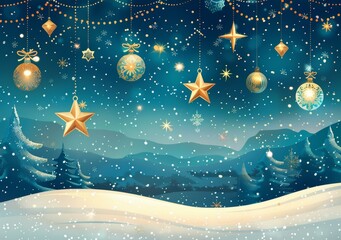 Poster - Christmas background with hanging ornaments and falling snow