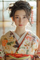 Wall Mural - Portrait of a beautiful Japanese woman in traditional kimono