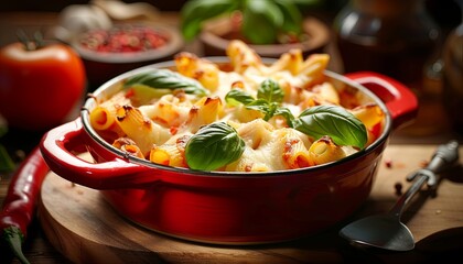 A red bowl of pasta with basil and cheese