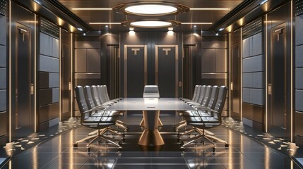 Wall Mural - A high-definition view of a soundproof conference room with acoustic doors and a large, sleek table surrounded by high-back chairs.