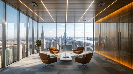 Wall Mural - A minimalist office with a panoramic view of the city, featuring soundproof ceiling-to-floor windows and a tranquil design.