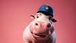 © video rost - 3D illustration of a pink pig character wearing a blue cap with a playful expression, isolated on a pink background.