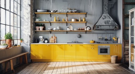 Wall Mural - Minimal yellow kitchen with high-gloss yellow cabinets