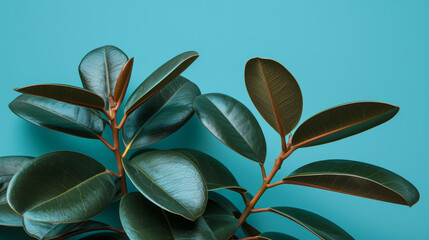 Wall Mural - A leafy green plant with a blue background. The plant is the main focus of the image