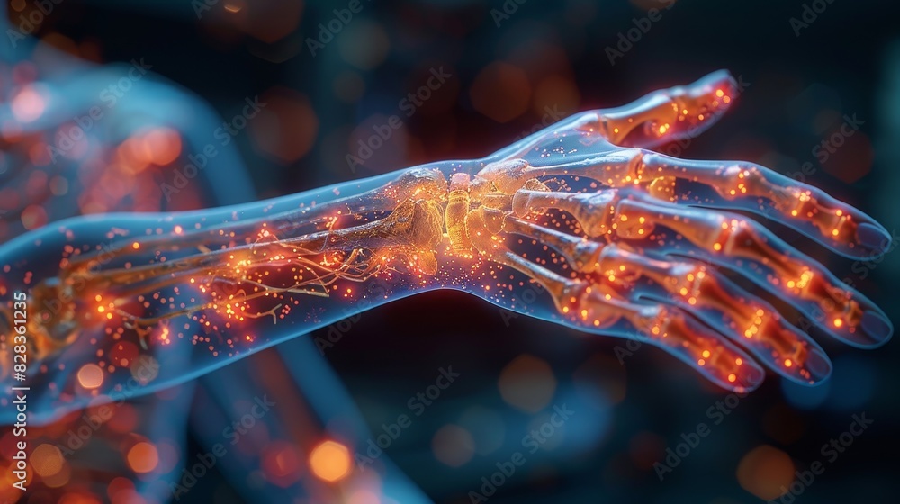 Transparent skeletal arm with glowing nerves and joints, illustrating ...
