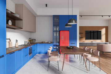 Wall Mural - Modern kitchen design with blue cabinets and a red fridge, hardwood floor in a spacious living area, light-filled interior, home decor concept. 3D Rendering.