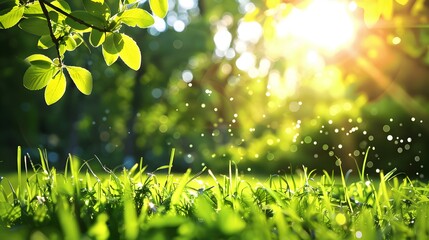 A fresh spring sunny garden background of green grass and blurred foliage bokeh